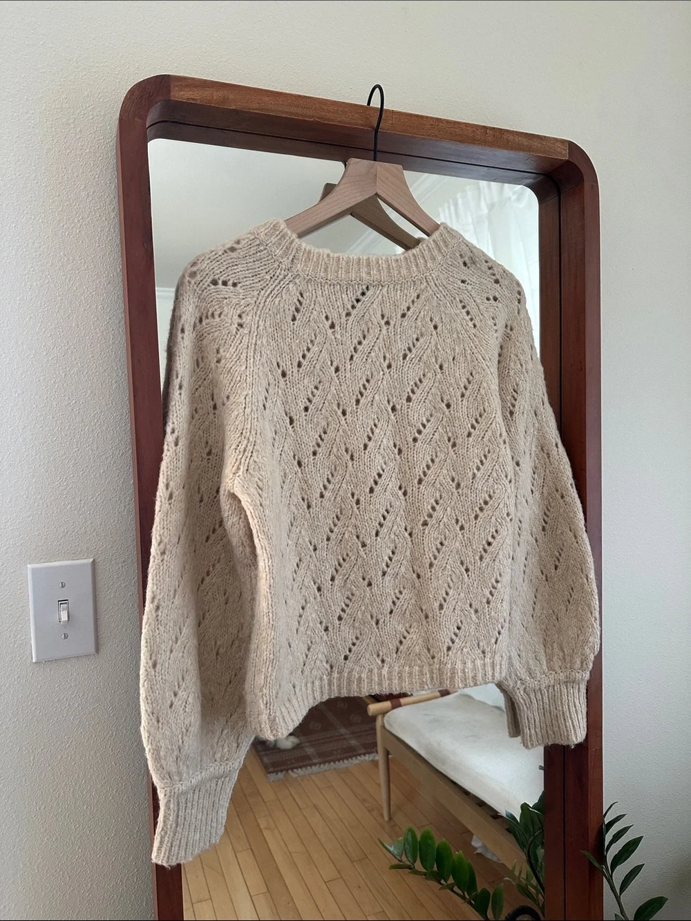J. Crew Pointelle Crewneck Sweater Heather Cream Tan Size S